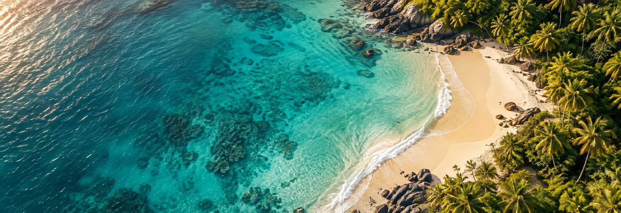 Aerial view of a palm-lined tropical beach and turquoise sea
